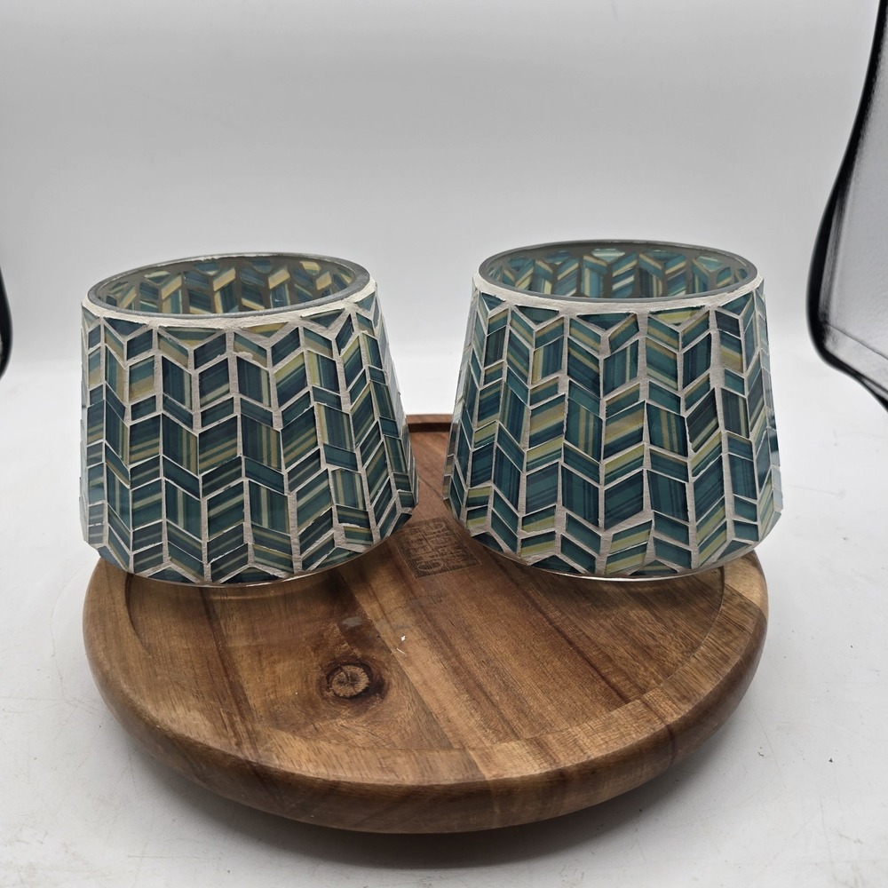 X2 Yankee Candle Large Jar Shade BLUE MOSAIC Artistic‎ Herringbone Blues Teals